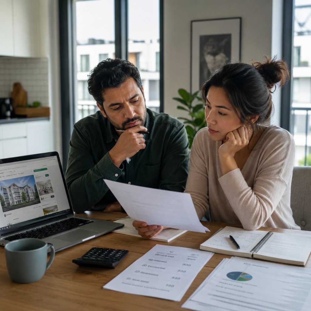 Couple reviewing property purchase costs, mortgage documents and a total cost breakdown at home in Germany