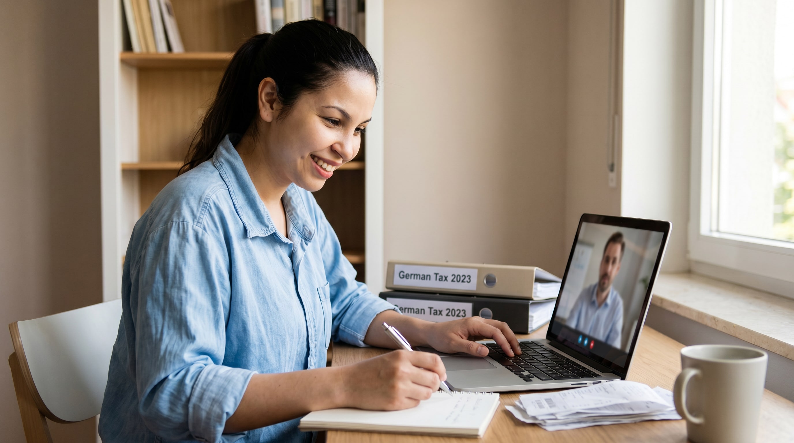 Priya on a video call with a tax advisor, planning her German tax filing