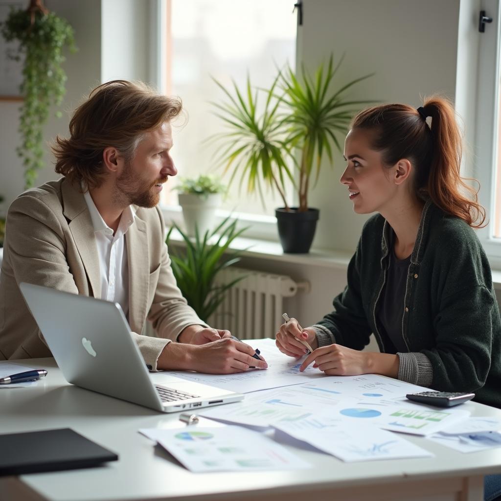 International couple reviewing property investment projections, mortgage documents and tax paperwork in Germany