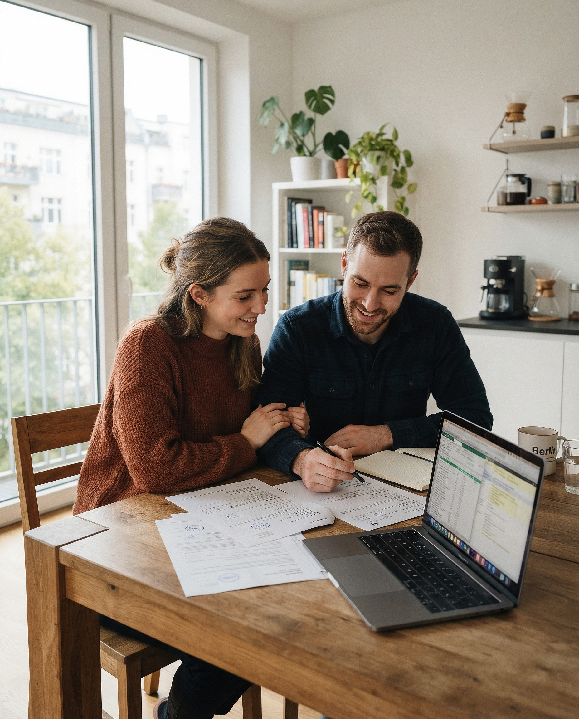 Expat couple reviewing dread disease and critical illness cover options at home