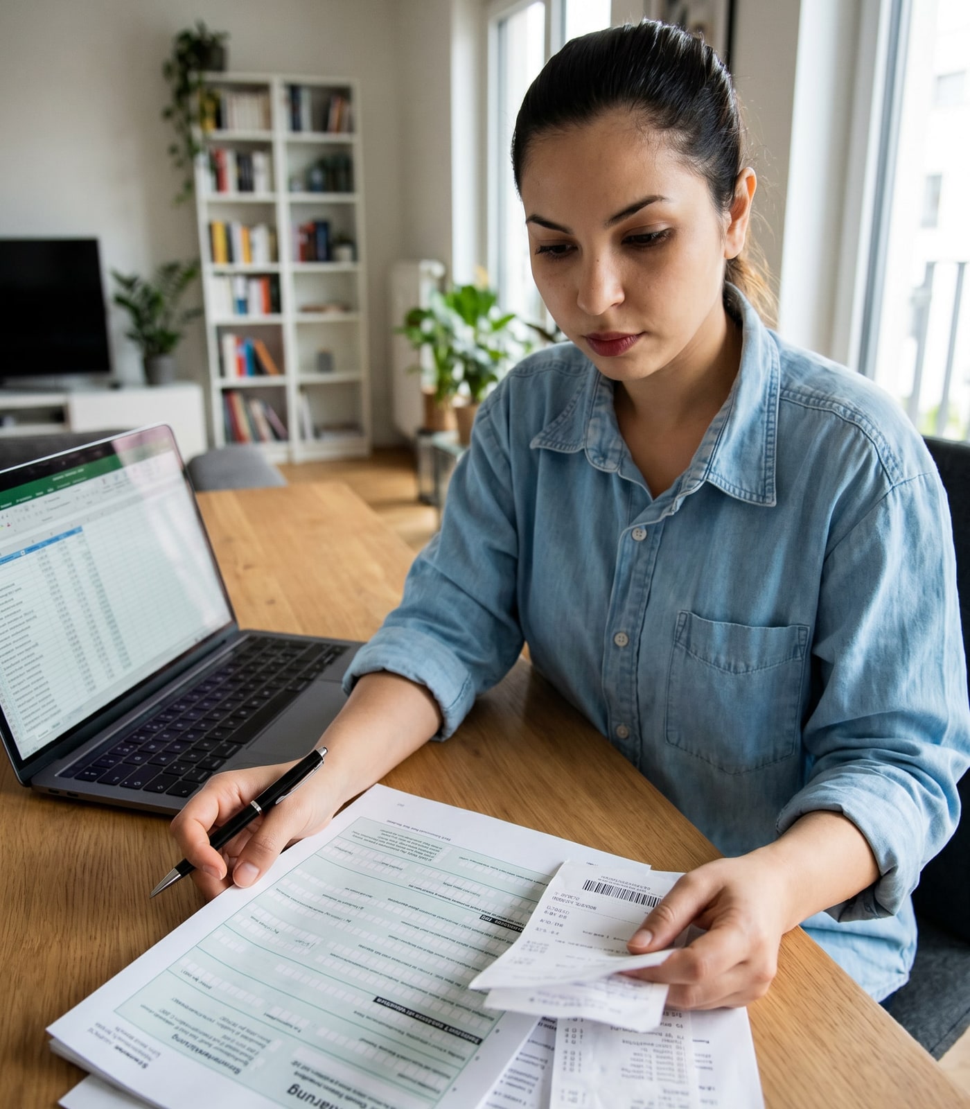 Priya, a freelance expat consultant, reviewing her German tax return documents at home